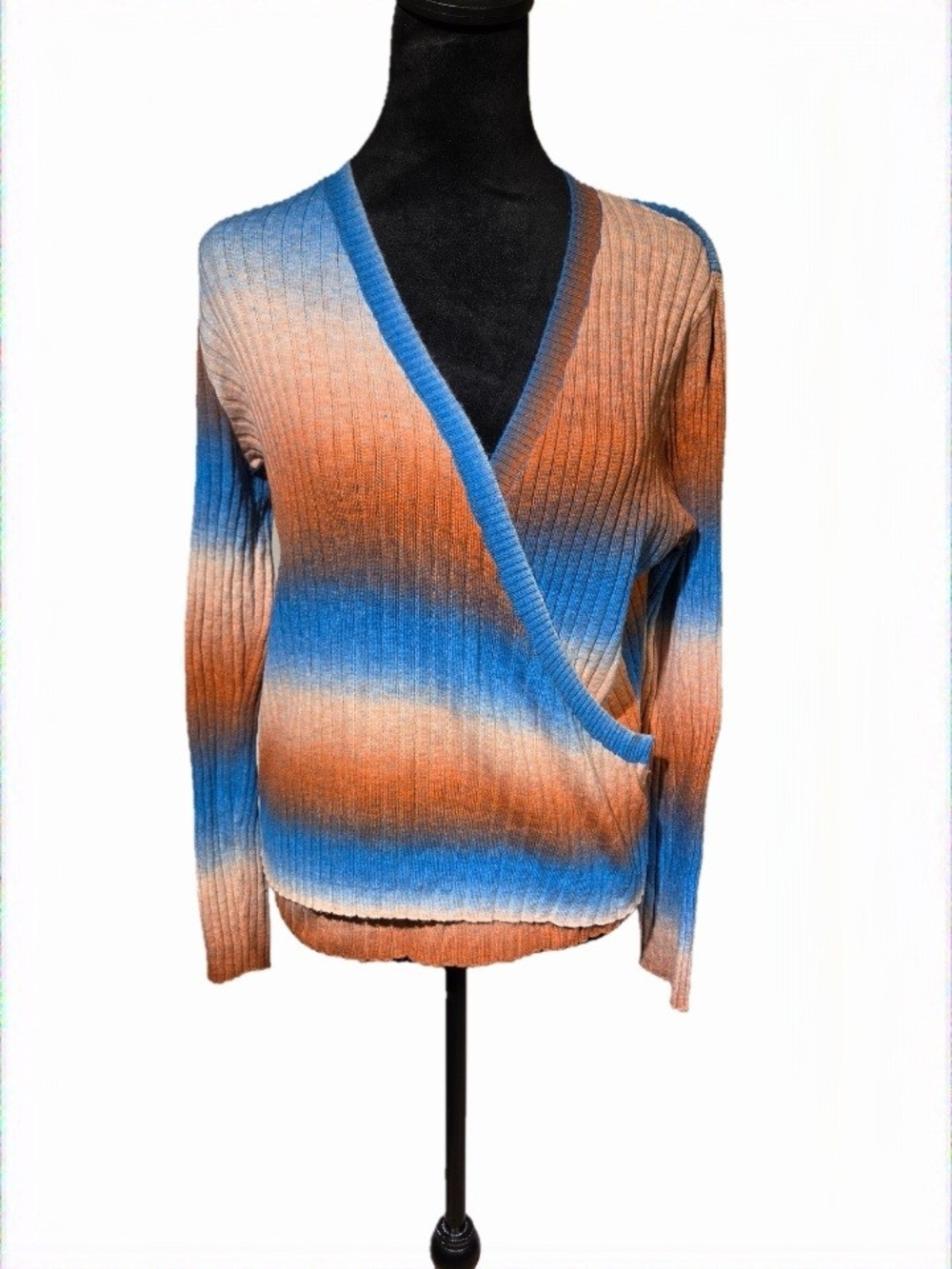 Greylin Anthropologie Blue/Rust Ombre Ribbed Knit V-Neck Sweater M